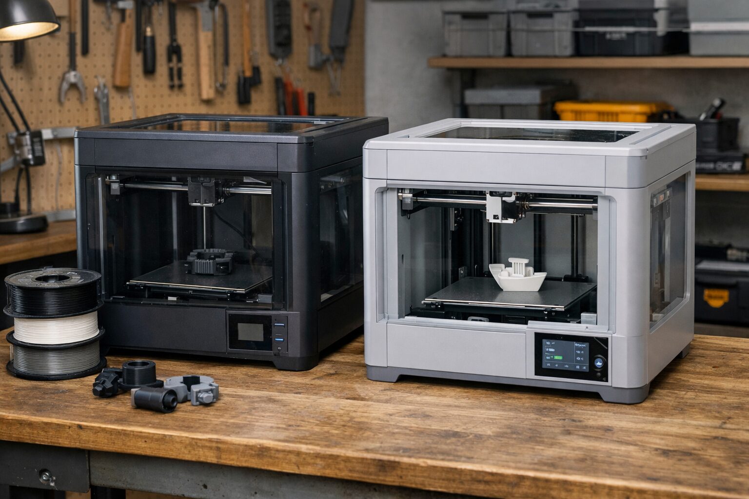 Два закрытых 3D-принтера на верстаке в мастерской рядом с катушками и деталями