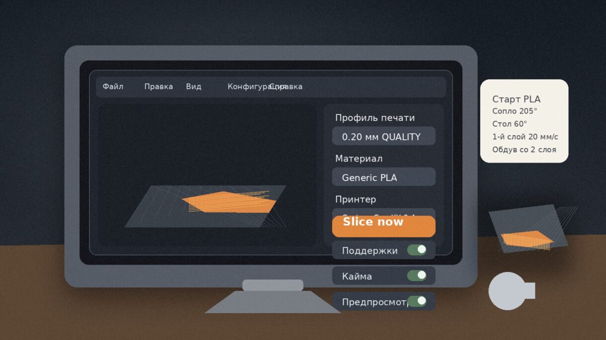 Ноутбук с окном слайсера рядом с 3D-принтером, который печатает тестовую деталь