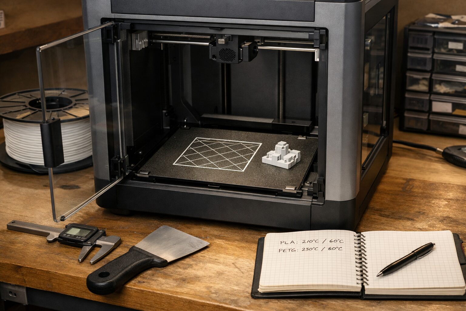 Закрытый 3D-принтер печатает калибровочную сетку на текстурированной пластине в мастерской