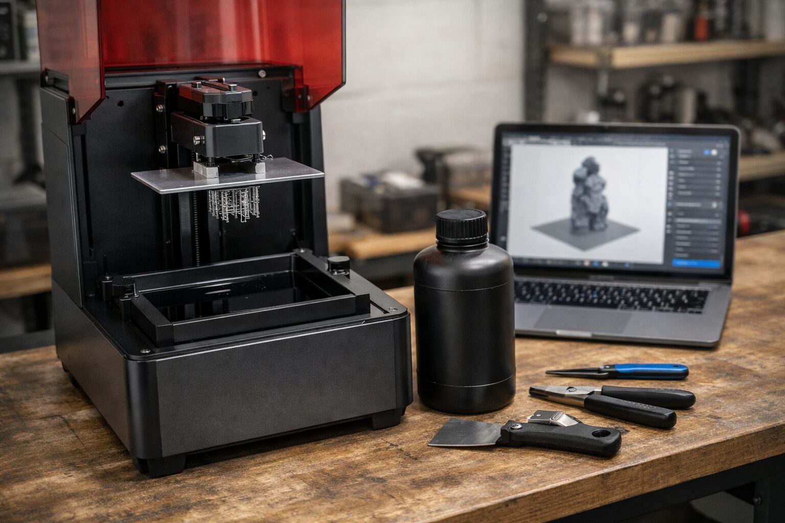 Смоляной 3D-принтер с тестовой моделью на платформе и подготовленной ванночкой