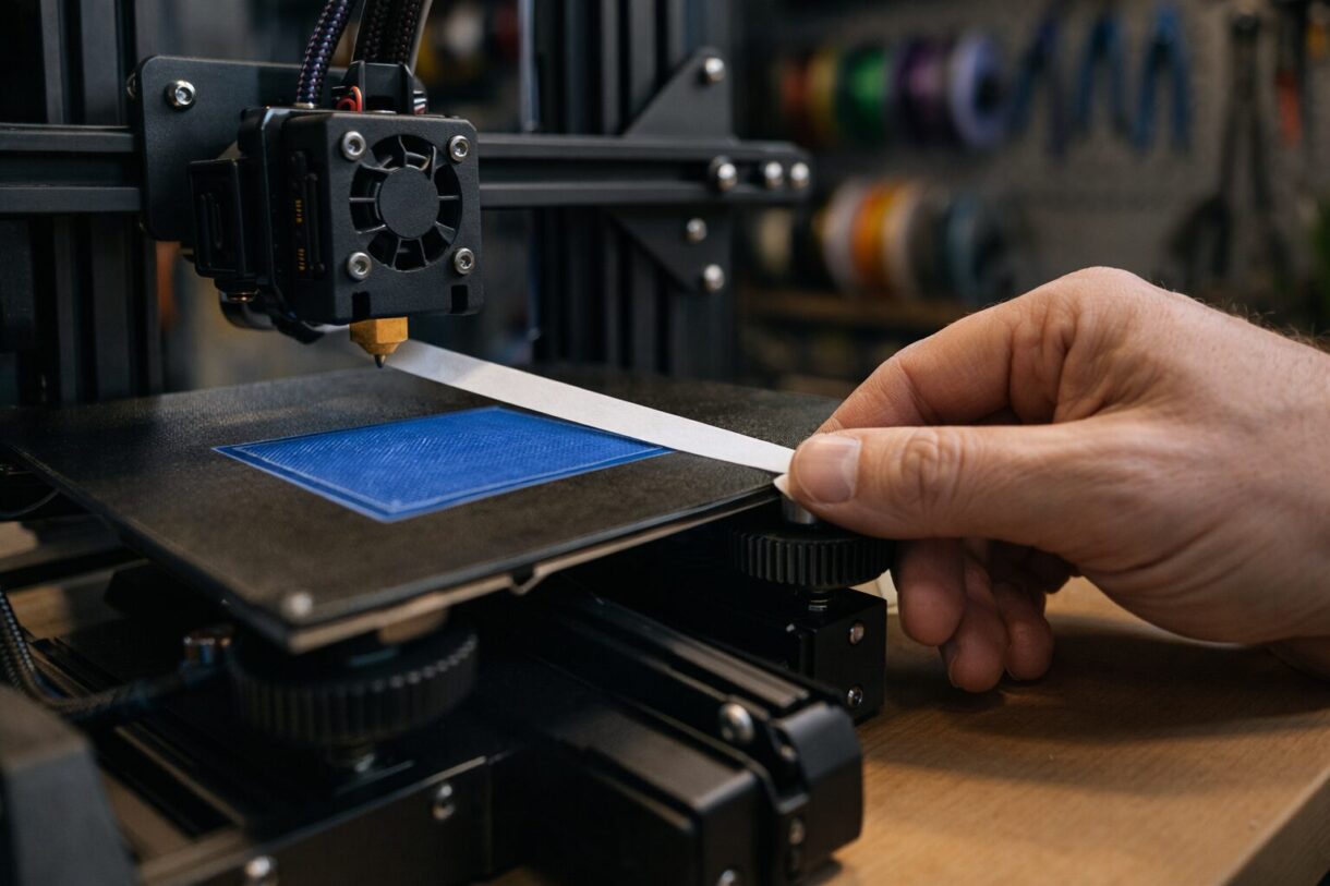 Стартовый профиль Creality 3D-принтер на верстаке с тестовой деталью и открытым слайсером для настройки профиля