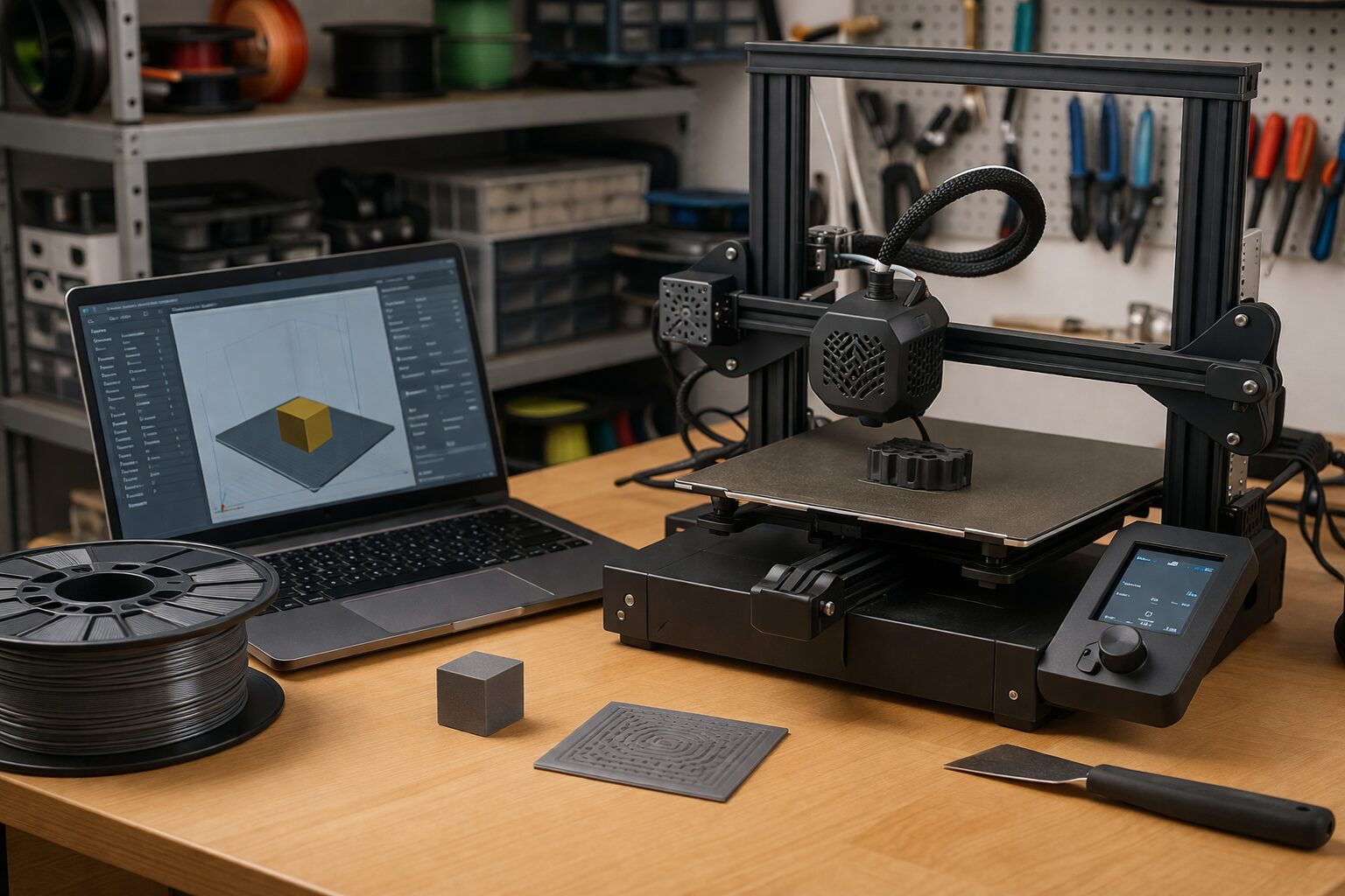 3D-принтер на верстаке с тестовой деталью и открытым слайсером для настройки профиля