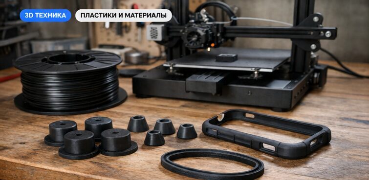 TPU для гибких деталей Гибкие детали из TPU и катушка мягкого филамента на столе рядом с 3D-принтером