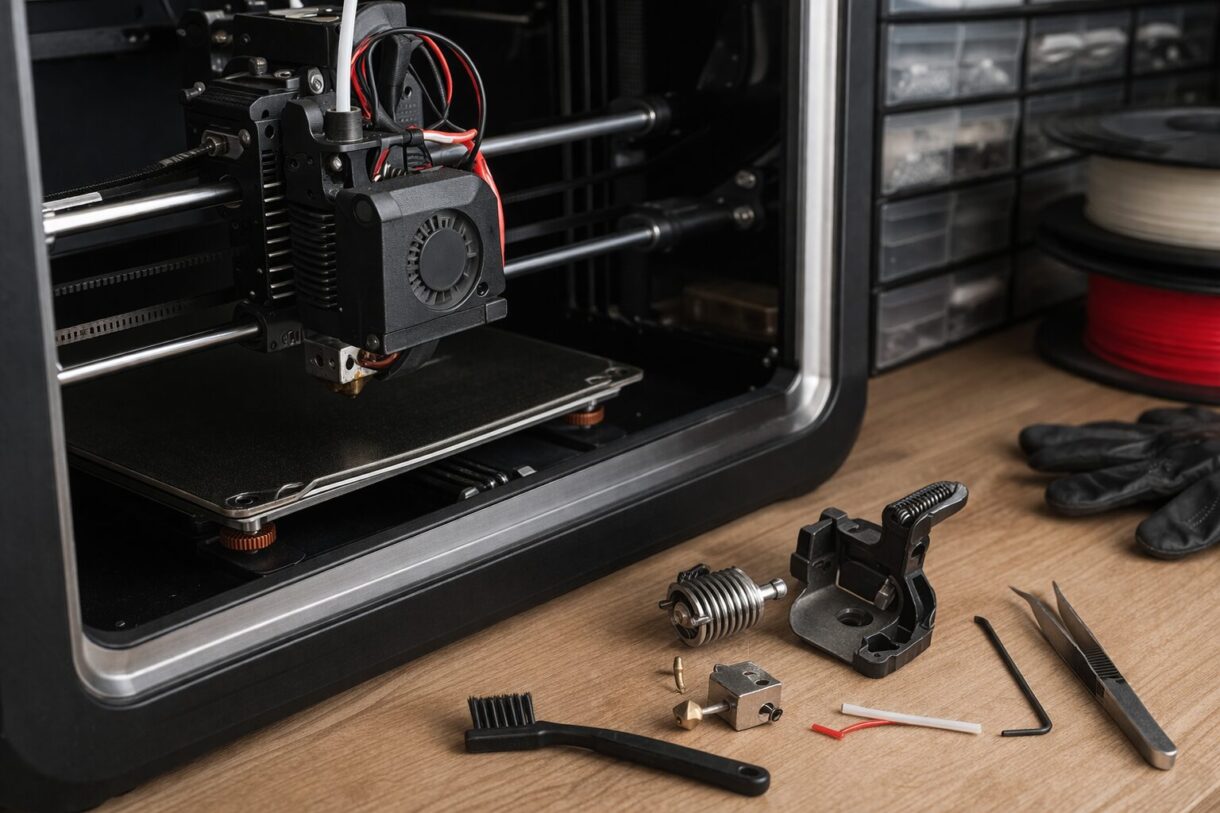 Узел подачи и хотэнд 3D-принтера Печатающая голова FDM-принтера с разобранным узлом подачи и соплом на верстаке