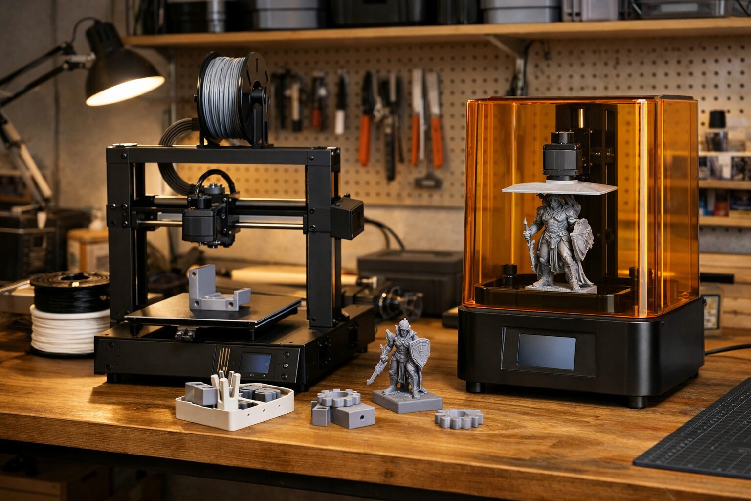 Несколько 3D-принтеров разного класса на верстаке с готовыми моделями и инструментами