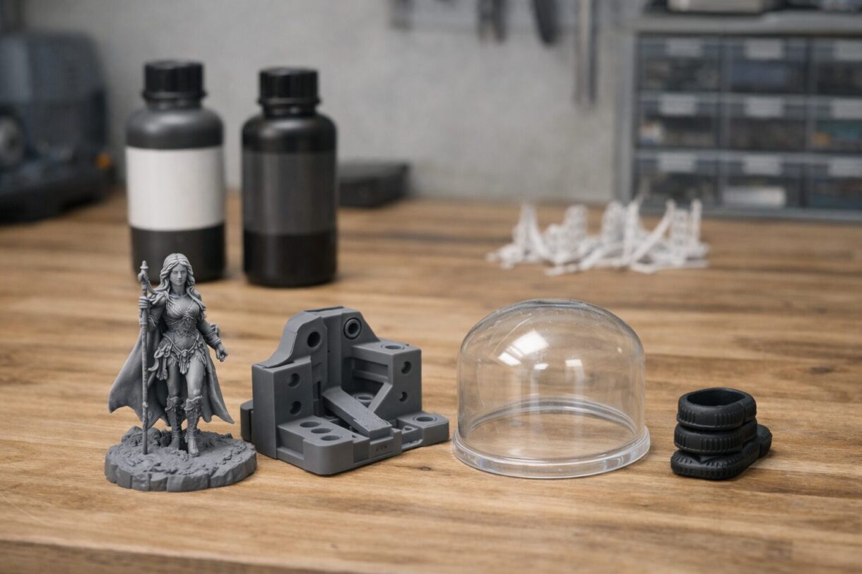 Выбор resin под разные модели Декоративная фигурка и техническая деталь из фотополимерной смолы на рабочем столе