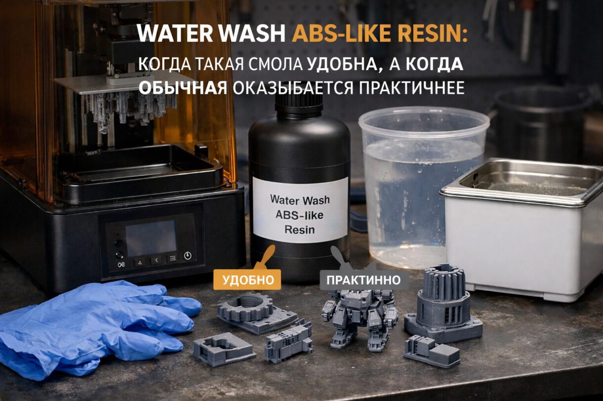 Water Wash ABS-like resin в мастерской Рабочее место с resin-принтером, бутылкой water-wash ABS-like смолы и готовыми деталями