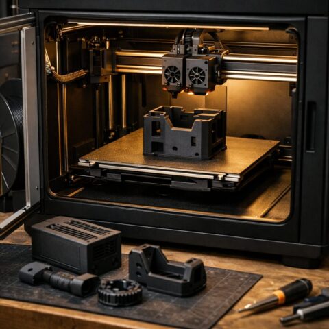 Закрытый CoreXY для инженерных пластиков Закрытый CoreXY-принтер печатает функциональную деталь из технического пластика в мастерской