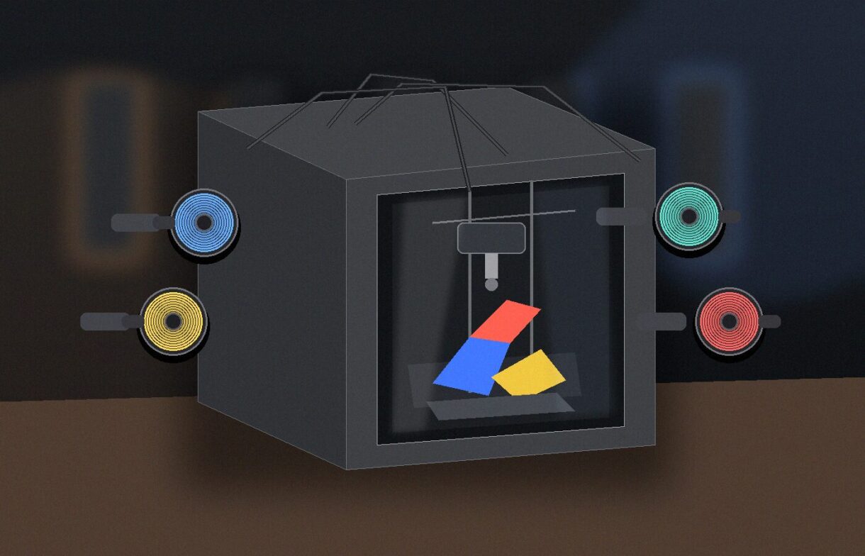 Закрытый CoreXY-принтер с четырьмя боковыми катушками на верстаке мастерской