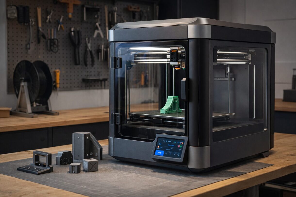 Закрытый принтер на верстаке Закрытый настольный 3D-принтер рядом с готовыми техническими деталями на верстаке