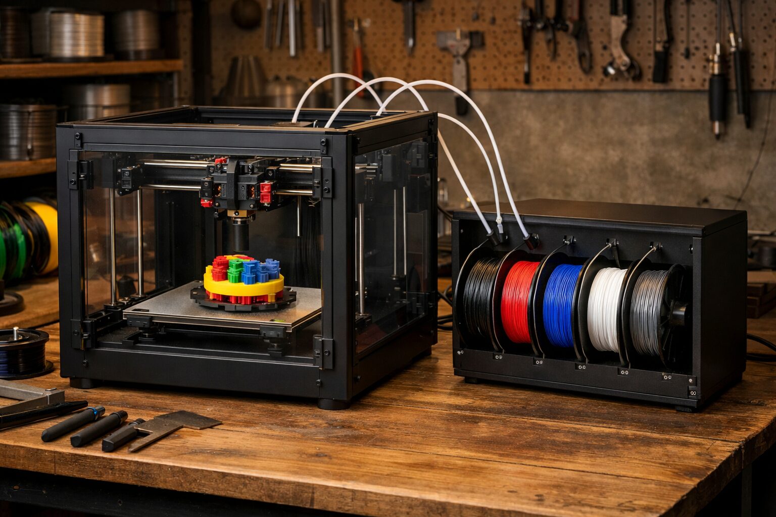 Закрытый 3D-принтер с модулем подачи четырёх катушек в мастерской