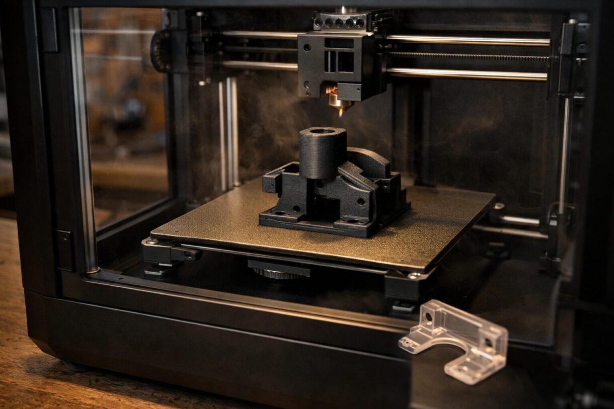 Закрытый 3D-принтер печатает функциональную деталь на столе PEI в домашней мастерской