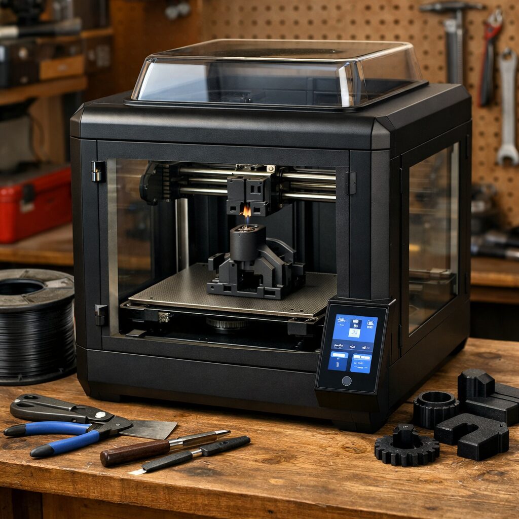 Закрытый 3D-принтер печатает функциональную деталь на столе PEI в домашней мастерской