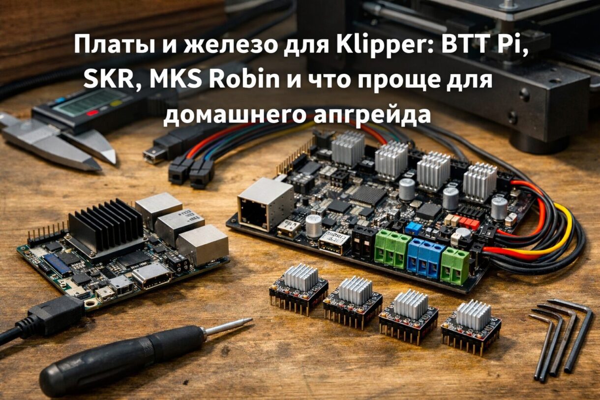 Железо для Klipper на верстаке Плата управления и мини-компьютер рядом с 3D-принтером на верстаке