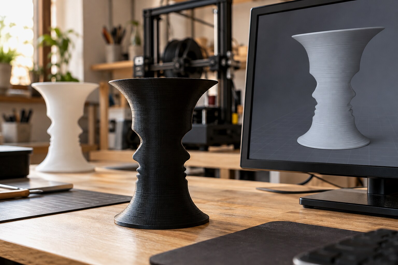 Чёрная 3D-печатная ваза с силуэтами профилей рядом с экраном предварительного просмотра
