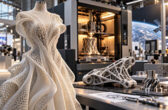 Гибкая 3D-печатная ткань, инженерная деталь с ячеистой структурой и металлический компонент в технологической мастерской