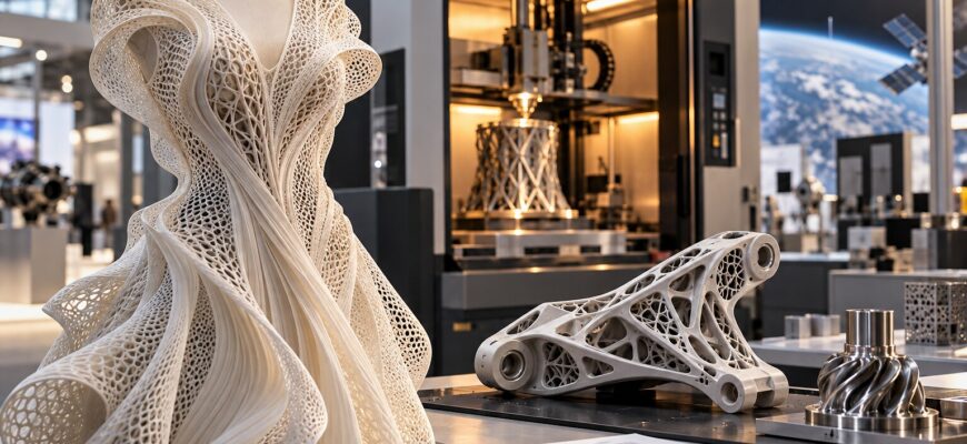 Гибкая 3D-печатная ткань, инженерная деталь с ячеистой структурой и металлический компонент в технологической мастерской