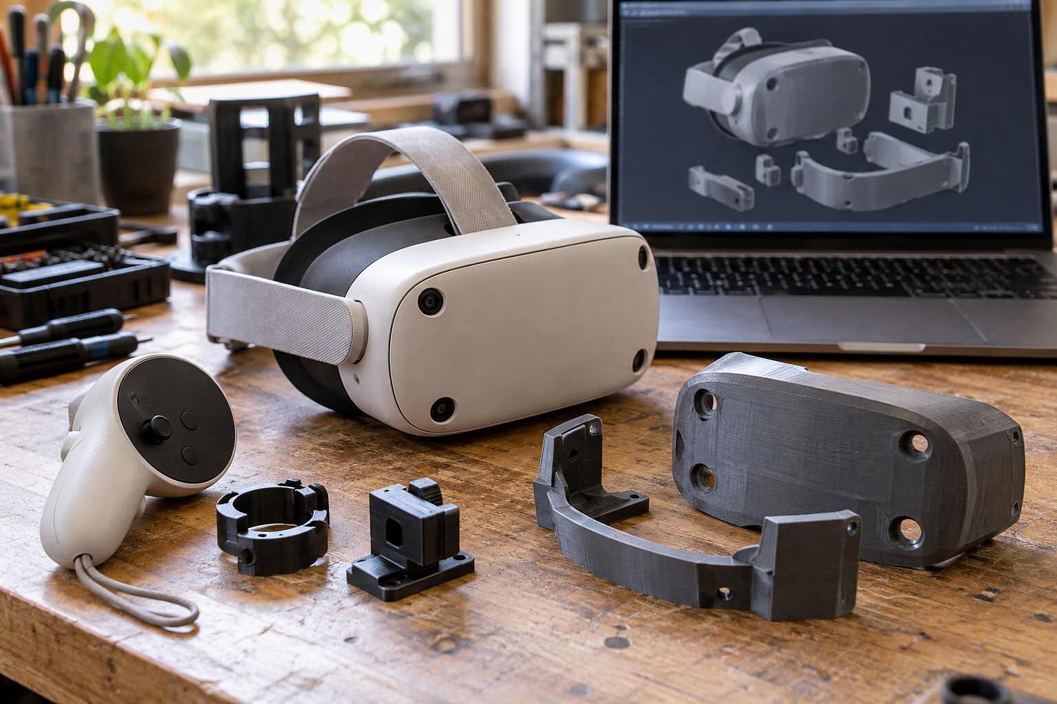 Прототипы печатных аксессуаров рядом с VR-гарнитурой и CAD-моделью