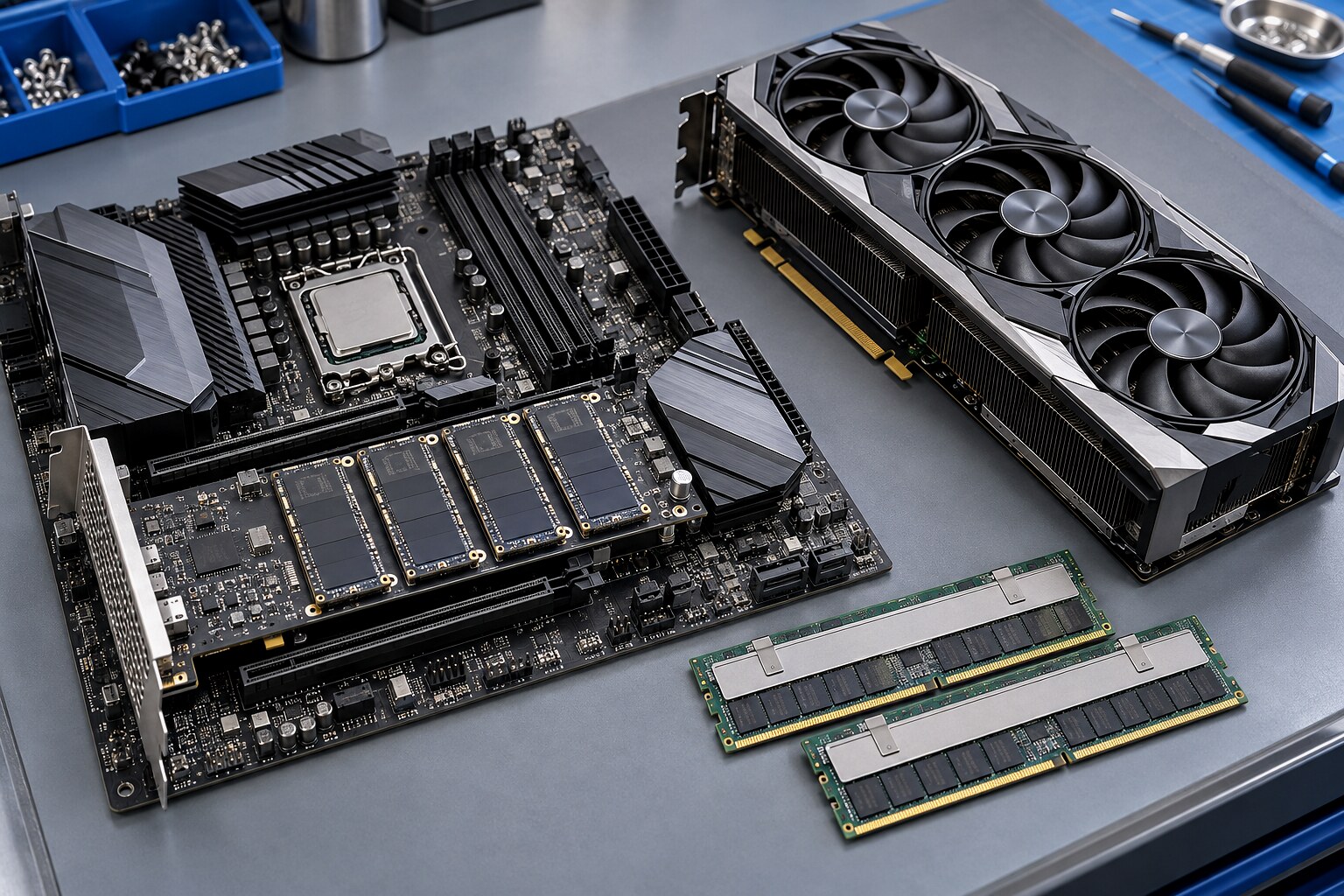 Плата расширения PCIe с четырьмя NVMe SSD рядом с модулями DDR5 и видеокартой на рабочем столе