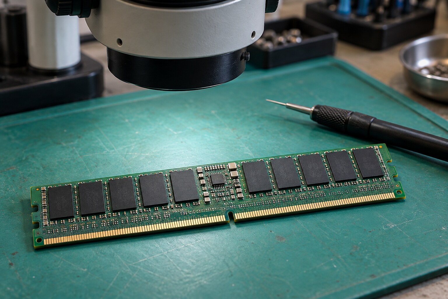 Серверный модуль DDR5 RDIMM под микроскопом на антистатическом столе