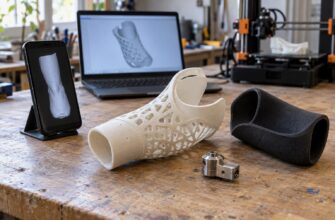 На инженерном столе лежат 3D-печатное крепление протеза предплечья, мягкий вкладыш и металлический соединитель; рядом смартфон с трёхмерной моделью.