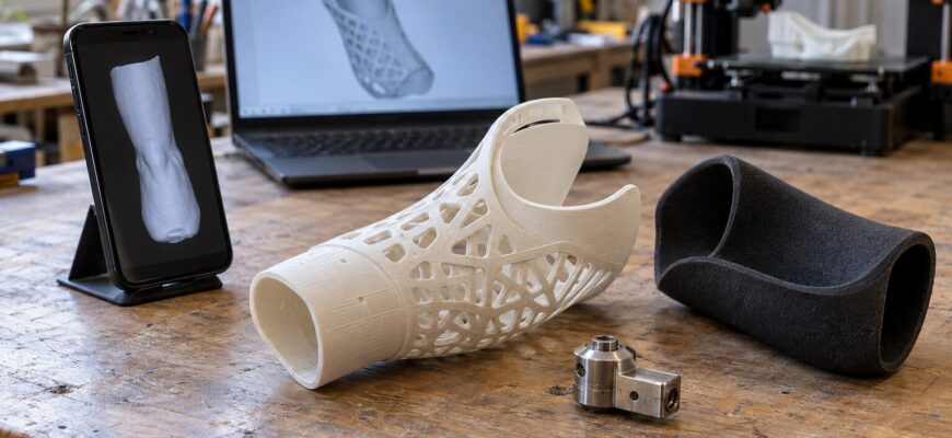 На инженерном столе лежат 3D-печатное крепление протеза предплечья, мягкий вкладыш и металлический соединитель; рядом смартфон с трёхмерной моделью.
