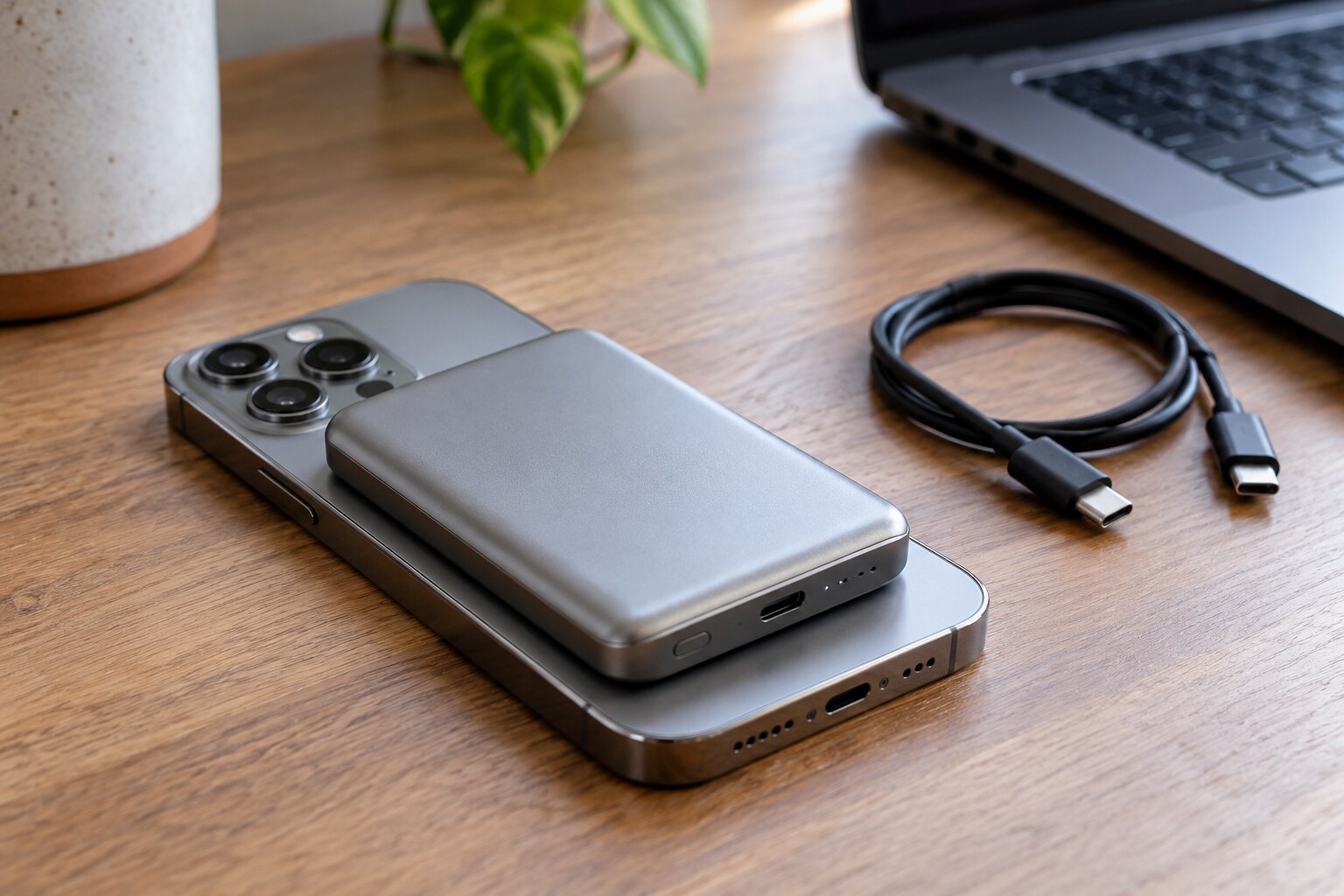 Тонкий магнитный аккумулятор на задней панели смартфона рядом с кабелем USB-C