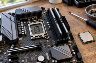 Материнская плата с процессорным разъёмом LGA 1700 и модулями оперативной памяти на рабочем столе, рядом лежит процессор.
