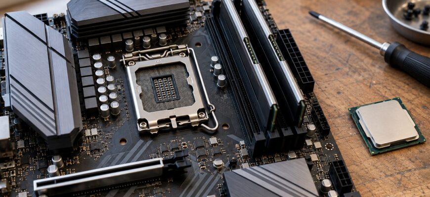 Материнская плата с процессорным разъёмом LGA 1700 и модулями оперативной памяти на рабочем столе, рядом лежит процессор.