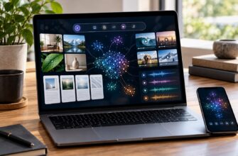 Ноутбук с визуальным поисковым интерфейсом, миниатюрами изображений, видео и аудиодорожек рядом со смартфоном