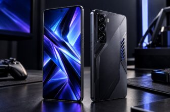Два ракурса игрового смартфона с ярким экраном и вентиляционным отверстием на задней панели