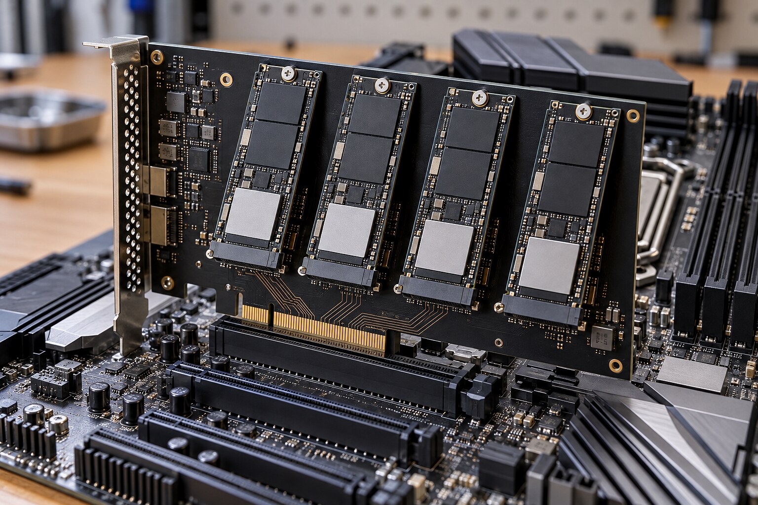 Четыре NVMe-накопителя M.2 на одной плате расширения с общим подключением PCIe x4