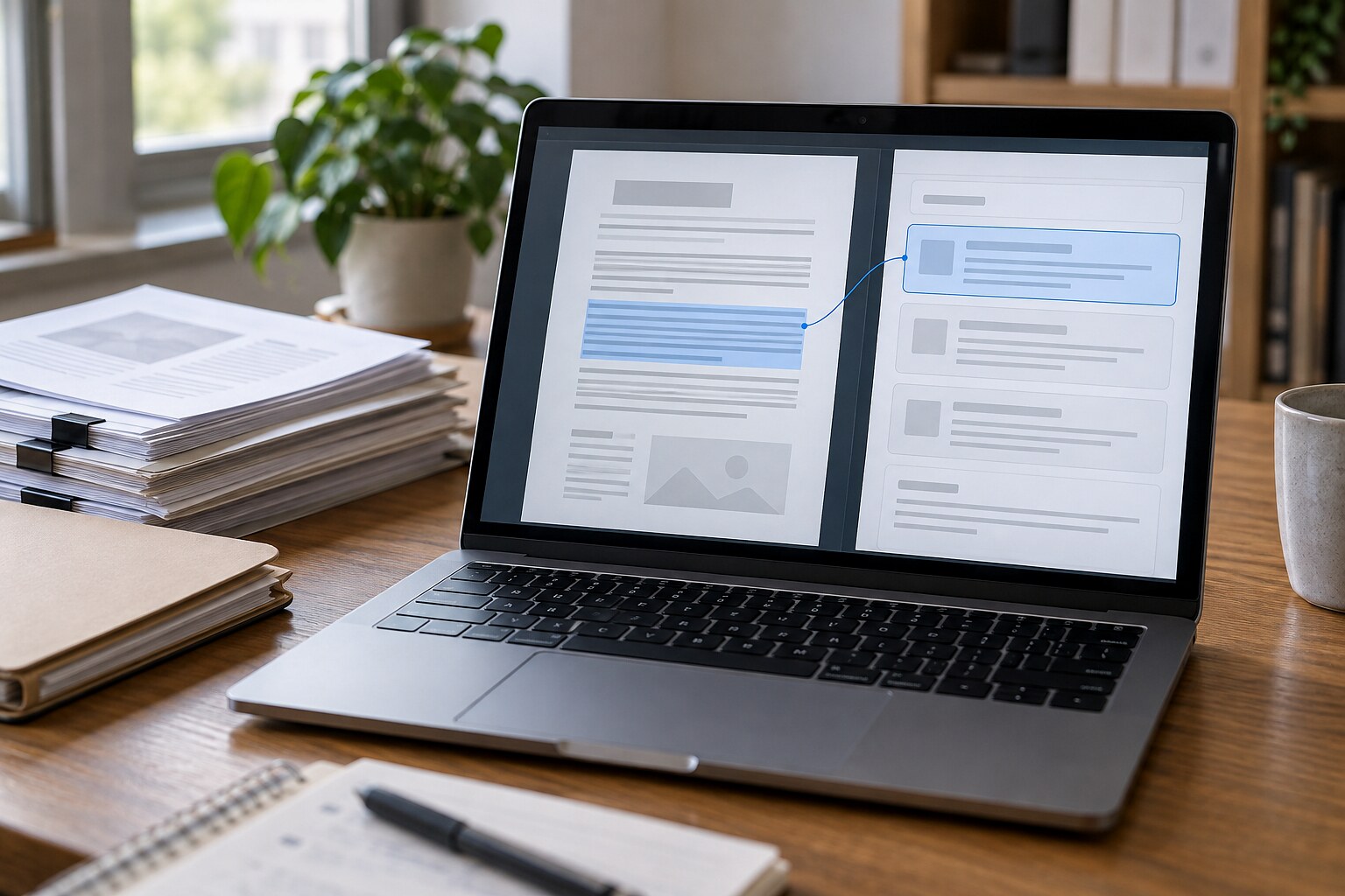 Ноутбук с открытым PDF и выделенным фрагментом документа для проверки ответа