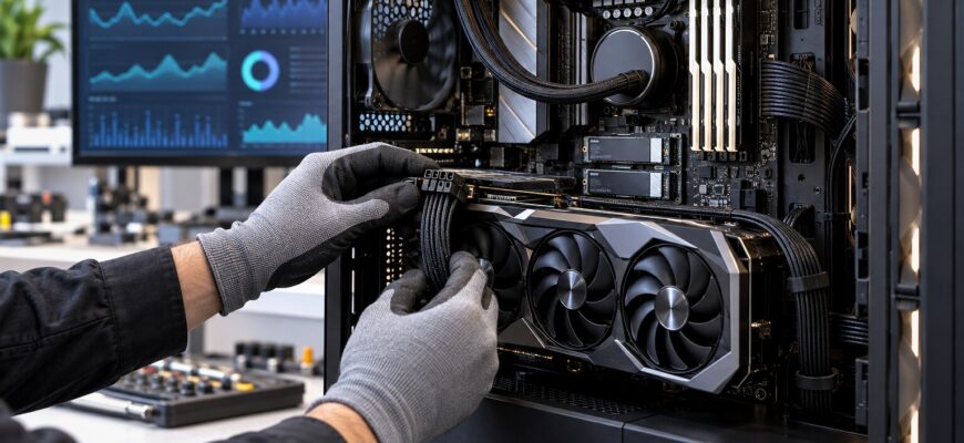 Открытый системный блок с видеокартой, модулями DDR5 и накопителями NVMe во время проверки после модернизации