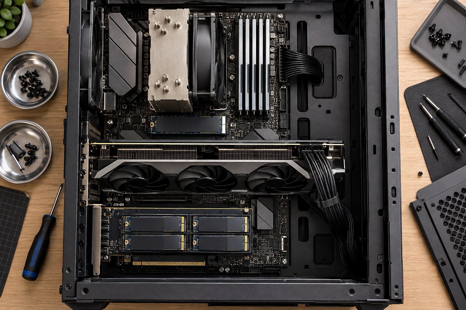 Расположение оперативной памяти DDR5, накопителей NVMe, платы расширения PCIe и разъёма питания видеокарты внутри компьютера