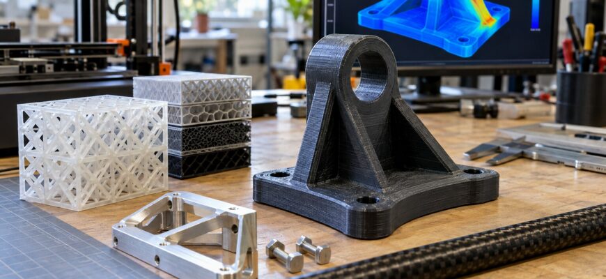 3D-печатная механическая деталь, образец внутренней структуры и металлическое усиление на инженерном столе