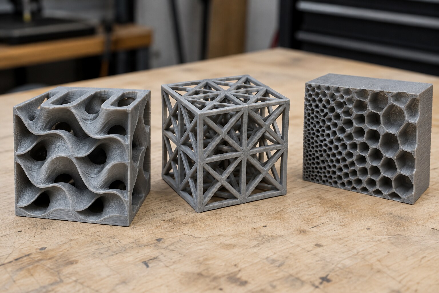 Три образца 3D-печатных деталей с разной внутренней геометрией