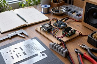 Рабочий стол DIY-разработчика с компонентами интернет-радио, измерительным инструментом, алюминиевой заготовкой и 3D-печатной деталью