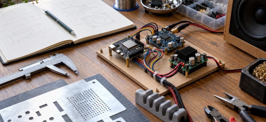 Рабочий стол DIY-разработчика с компонентами интернет-радио, измерительным инструментом, алюминиевой заготовкой и 3D-печатной деталью