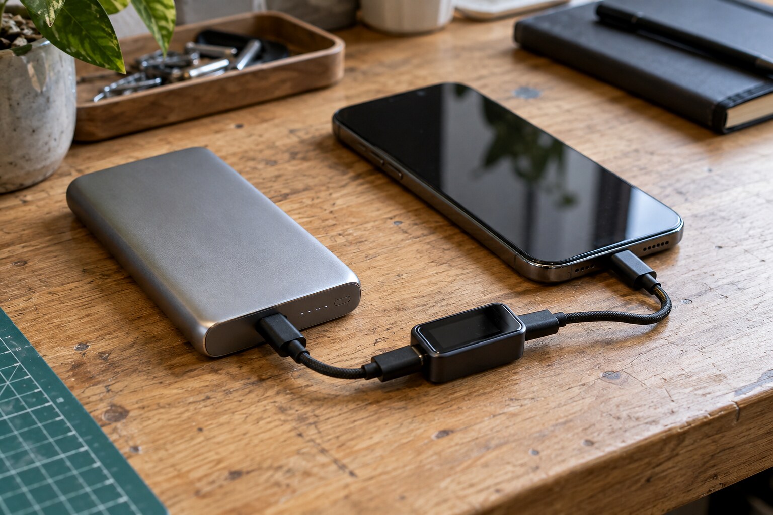 Компактный пауэрбанк рядом со смартфоном, кабелем USB-C и измерителем питания