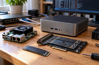 Компактный домашний сервер, одноплатный компьютер и плата расширения с NVMe-накопителями на рабочем столе
