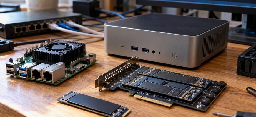 Компактный домашний сервер, одноплатный компьютер и плата расширения с NVMe-накопителями на рабочем столе