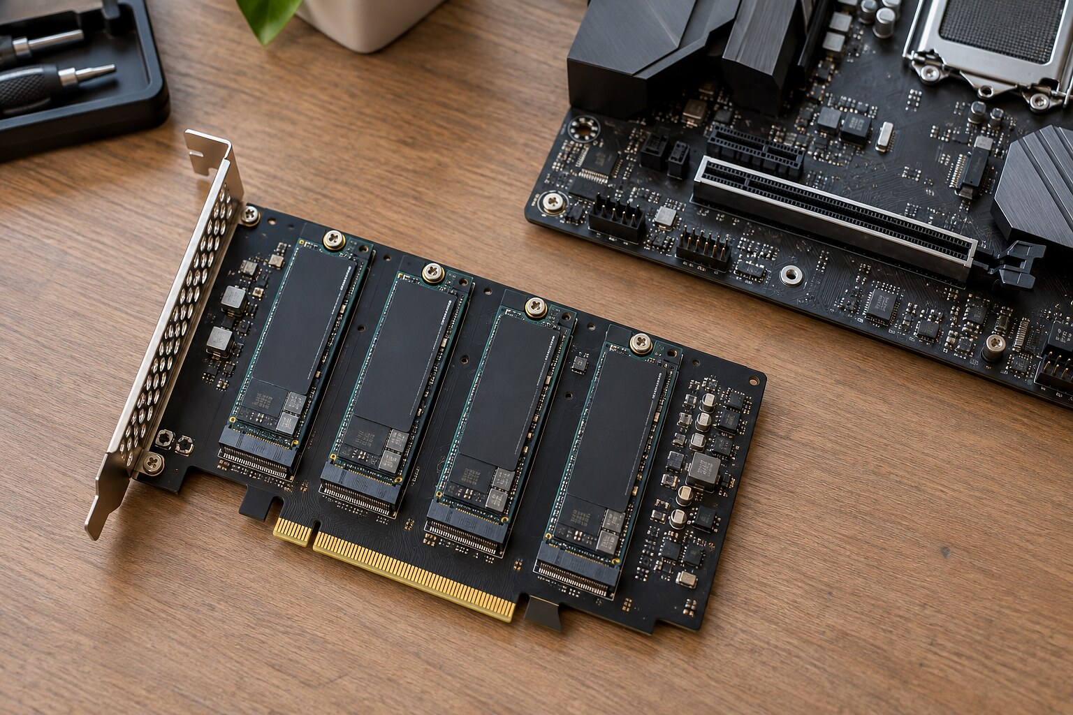 Плата расширения PCIe с четырьмя NVMe SSD, подключаемыми к компьютеру через общий интерфейс