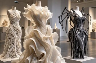 Три манекена с 3D-печатными платьями: объёмными складками, ажурной структурой и роботизированными элементами