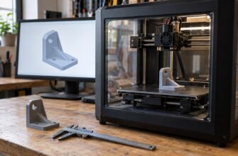 Рабочее место с 3D-принтером, цифровой CAD-моделью и образцами функциональных печатных деталей