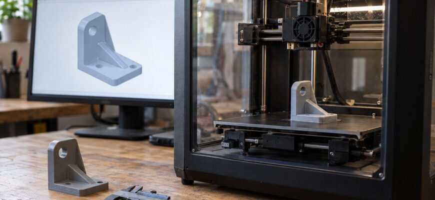 Рабочее место с 3D-принтером, цифровой CAD-моделью и образцами функциональных печатных деталей