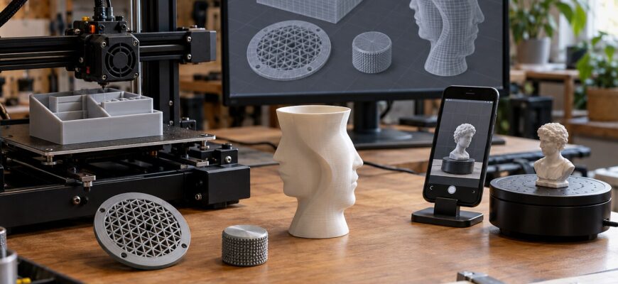 Рабочий стол с 3D-принтером, печатными аксессуарами, декоративной вазой и смартфоном для сканирования