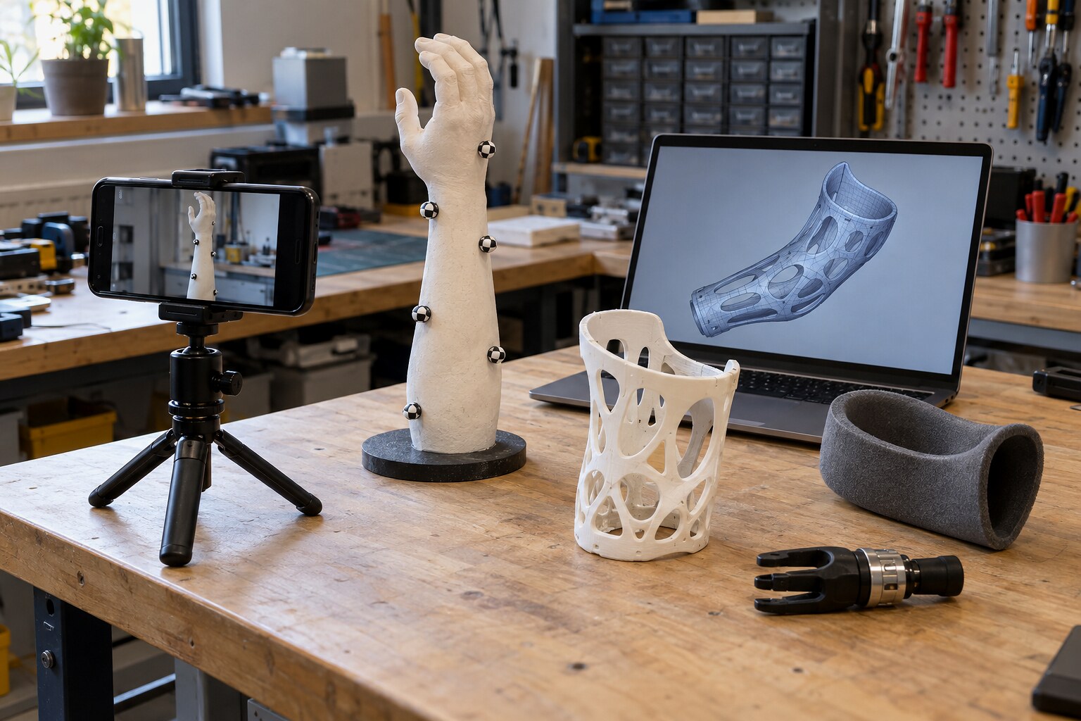 Макет предплечья для 3D-сканирования рядом с печатным креплением протеза и мягким вкладышем
