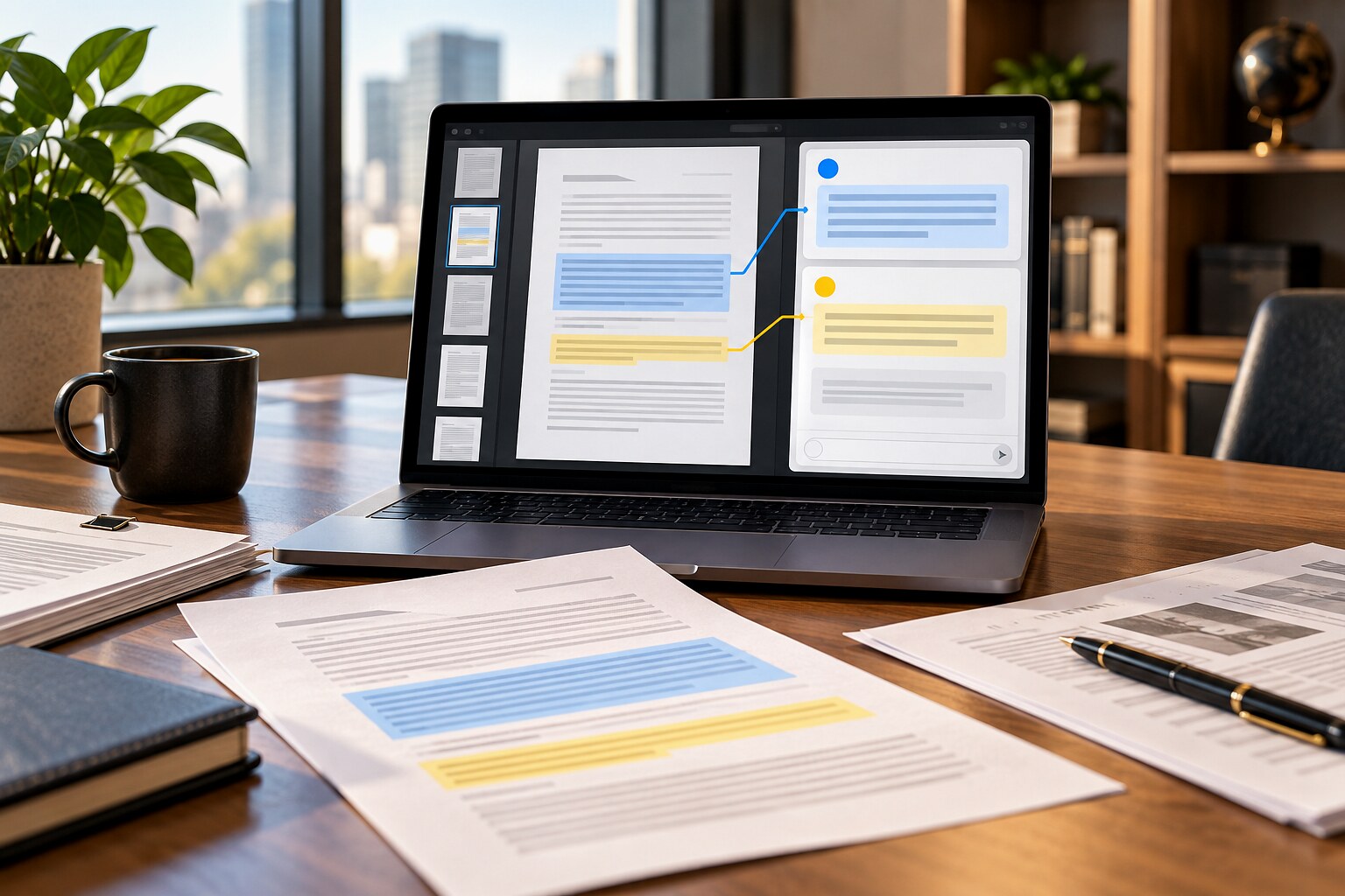 Ноутбук с открытым PDF-документом и интерфейсом ИИ для проверки ответа по исходной странице