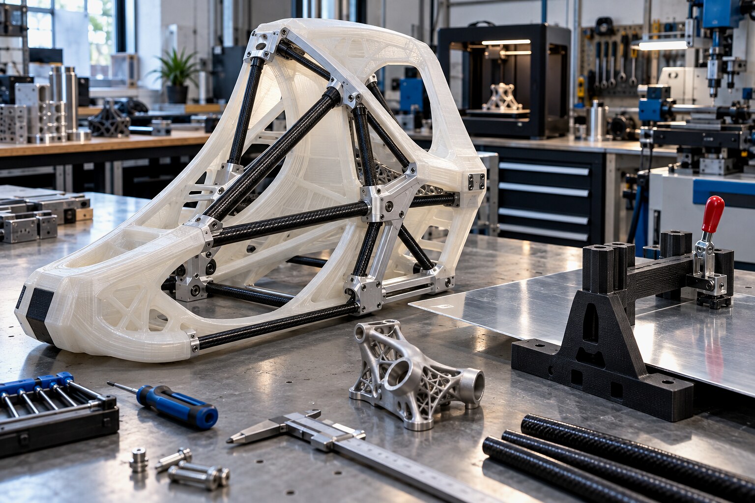 Гибридная 3D-печать с PETG, карбоновыми усилителями, алюминием и металлической деталью